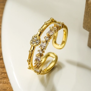 Copper Heart Double Layer Open Ring Gold Plated Zircon Adjustable Geometric Finger Jewelry For Women Daily Fashion Gift