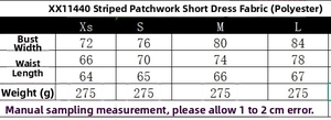 Detailed size chart for striped mini dress with polyester fabric measurements