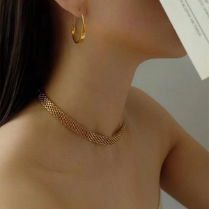 Close-up of golden flat snake chain choker and matching hoop earrings on a model