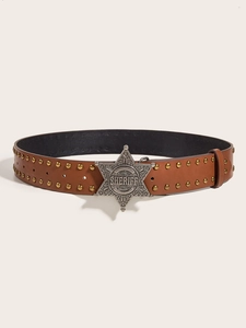 Close-up of brown leather belt with gold studs and silver star-shaped sheriff buckle