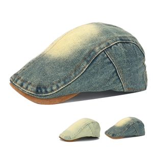 Retro Washed Denim Flat Cap With Suede Brim Vintage Distressed Adjustable Ivy Hat For Men Women Casual Streetwear