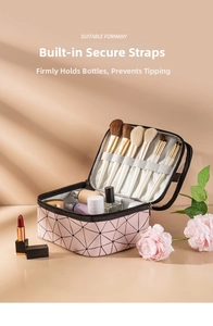 Pink geometric PU makeup bag detail with internal elastic straps for cosmetic brushes