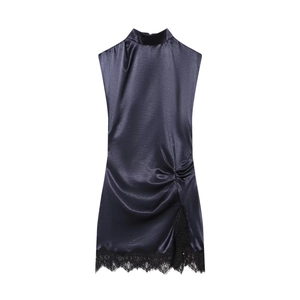 Robe Courte En Satin Pour Femmes Sans Manches Col Montant Froncé Sur Le Côté Ourlet En Dentelle Éclatant Soirée Chic