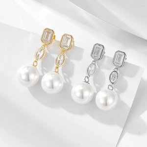 Minimalist S925 sterling silver long drop earrings with square zircon and large white pearls