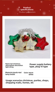 Close-up of star-shaped LED Christmas string lights with snowflake patterns