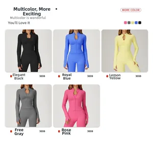 Slim fit seamless ribbed yoga set in five vibrant colors with stand collar jacket and leggings