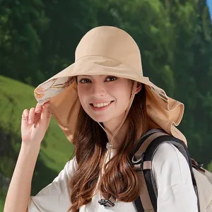 Women Sun Hat Wide Brim UV Protection Neck Flap Ponytail Hole Polyester Tropical Floral Print Foldable Summer Beach Travel
