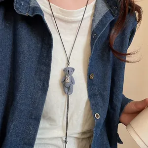 Collier Long Pendentif Ours En Peluche Tissu Denim Avec Strass Künstliche Perles Corde En Similicuir Marron Chaîne De Pull Rétro