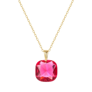 Detailed macro view of high-quality pink square faceted crystal pendant on gold necklace chain