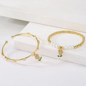 18K gold plated bangle and pearl bead bracelet set with pink strawberry pendants