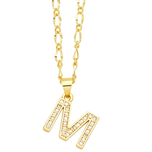 Detailed close-up of golden letter M pendant necklace with micro-paved cubic zirconia