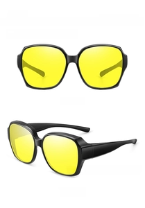 Detailed front and side views of black night vision over-glasses with yellow polarized lenses