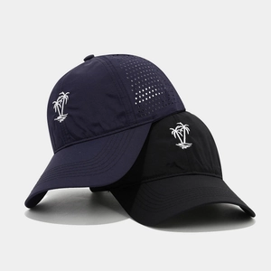 Navy and black breathable mesh baseball caps with palm tree embroidery for outdoor hiking