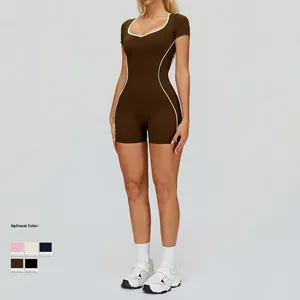 Slim fit contrast trim short sleeve athletic bodysuit for yoga and gym training