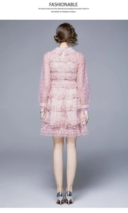 Vue arrière d'une robe rose en dentelle avec jupe à volants et manches longues