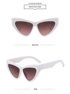 Detailed views of cat-eye sunglasses with white frames and brown to pink gradient lenses
