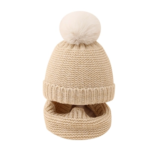 Solid color baby knitted hat and neck warmer set with faux fur pom pom in beige