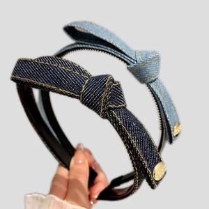 Chic Denim Knotted Headband For Women Girls Denim Cloth Hair Band With Gold Metal Tag Contrast Stitching Sweet Style