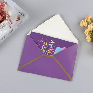 3D musical birthday card with purple envelope and stylized colorful Happy Birthday text