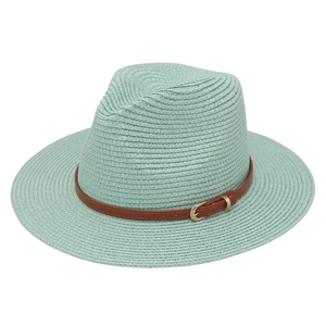 Summer Panama straw hat in mint green with thin brown leather belt and golden buckle