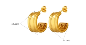 Detailed view of gold plated C-shaped hoop earrings with size measurements of 1.6cm by 1.2cm