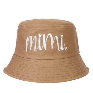 Detailed close-up of mimi letter embroidery and heart detail on khaki cotton bucket hat