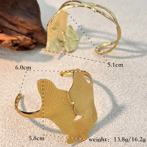 Creative ginkgo leaf cuff bracelet in 18K gold plated stainless steel with leaf textures