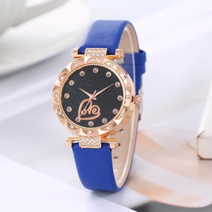 Women's starry sky watch with heart dial, rose gold case and blue leather strap