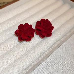 French vintage deep red velvet flower earrings with silver needles and floral design