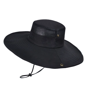 Men's outdoor hiking sun hat with wide brim, breathable mesh and windproof strap in black