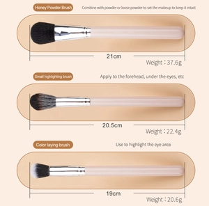 Detail of powder, highlight, and eyeshadow brushes with pink handles and soft fiber bristles