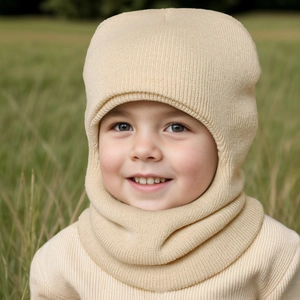 Kids knitted balaclava hood with warm neck warmer in beige for autumn and winter