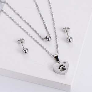 Ensemble de bijoux minimalistes en acier argenté avec collier cœur patte et boucles d'oreilles