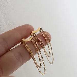Minimalist 18K gold plated stainless steel smile earrings with hanging tassel chains