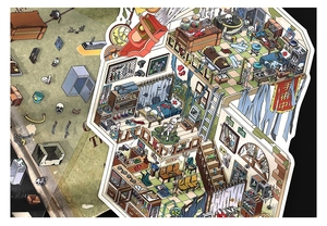 Close-up of 2.5D retro horror hospital stickers with detailed medical room illustrations