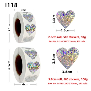 Detail of holographic heart laser stickers showing 2.5cm and 3.8cm diameter specifications