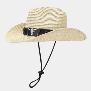 Retro straw cowboy hat with metallic bull head decor and adjustable wind strap