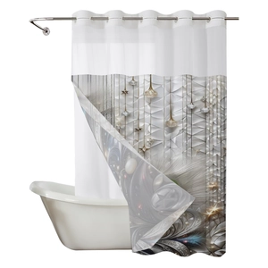 Close-up of waterproof shower curtain with 3D geometric patterns and metal grommets