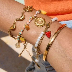 Bracelet en acier inoxydable plaqué or 18K avec breloques donut et cordon coloré
