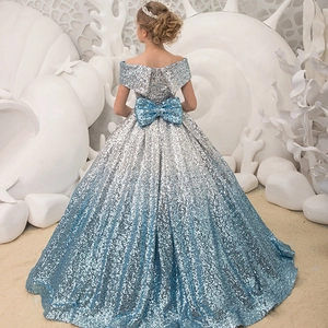 Sparkling silver and blue gradient sequin off-shoulder princess dress with back bow