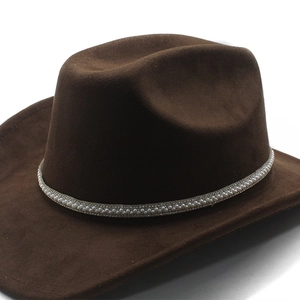 Detail of dark brown faux suede cowboy hat featuring a double-row pearl and rhinestone band