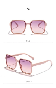 Oversized square pink gradient sunglasses shown from front and 45-degree side angles.
