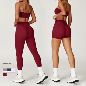 Women's burgundy brushed yoga set featuring sports bra with high waist leggings and shorts