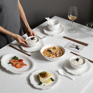 Alice white embossed ceramic tableware set with elegant plates and bowls for dinner service