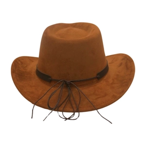 Detail view of deep brown suede cowboy hat featuring a slim leather decorative band