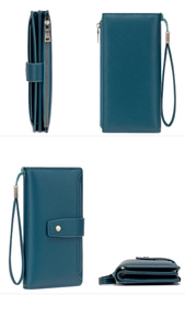 Multi-angle view of navy blue RFID long wallet with litchi texture and wrist strap