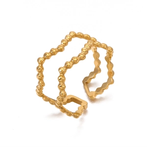 Minimalist 18K gold plated stainless steel open ring with double-layered beaded texture