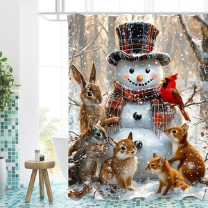 Christmas snowman and forest animals winter landscape shower curtain for bathroom decor