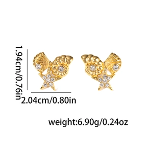 Detail view of gold titanium earrings showing seashell dimensions 1.94cm by 2.04cm