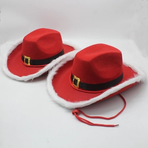 Festive red western cowboy hats with white faux fur trim and adjustable chin straps